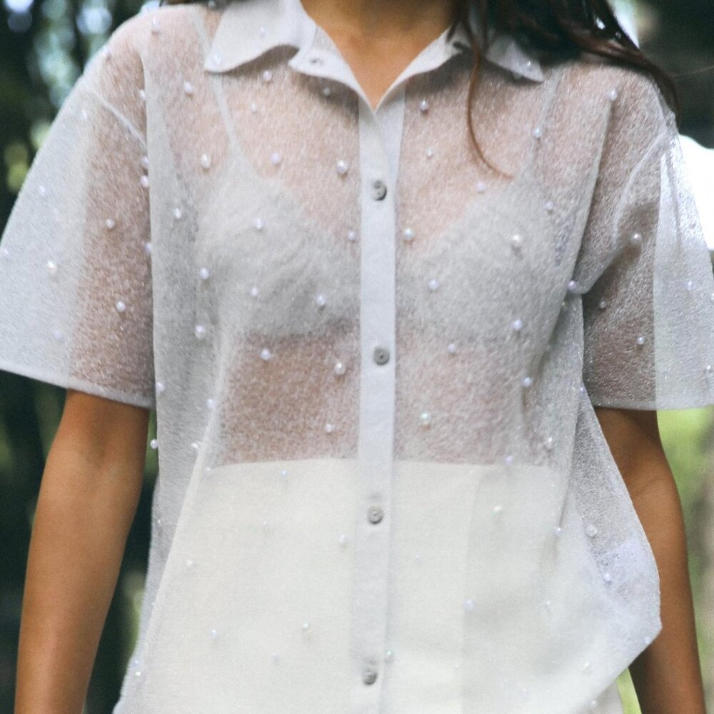 BNWT ZARA PEARL TRIM SEMI-SHEER KNIT SHIRT LAPEL COLLAR SHORT SLEEVES SILVER S-M
